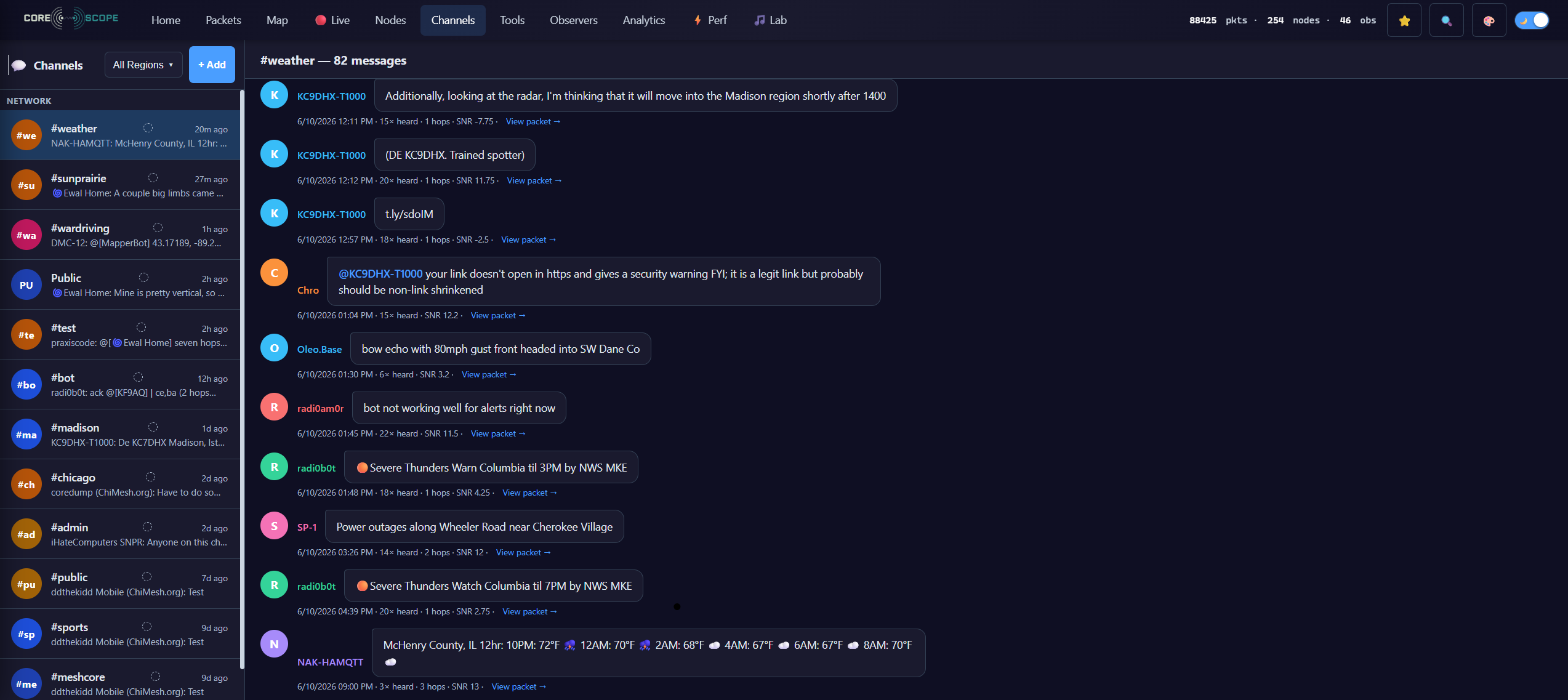 CoreScope channels view showing decoded group messages like a chat app