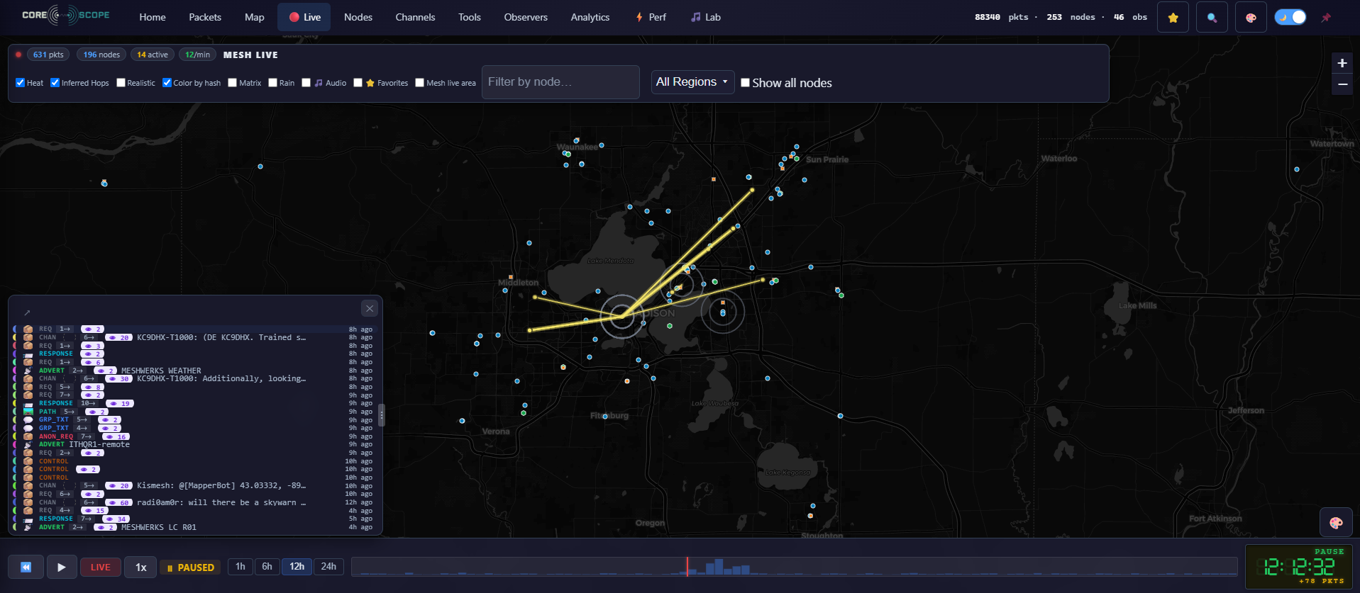 CoreScope live trace map with animated packet routes and the VCR playback bar