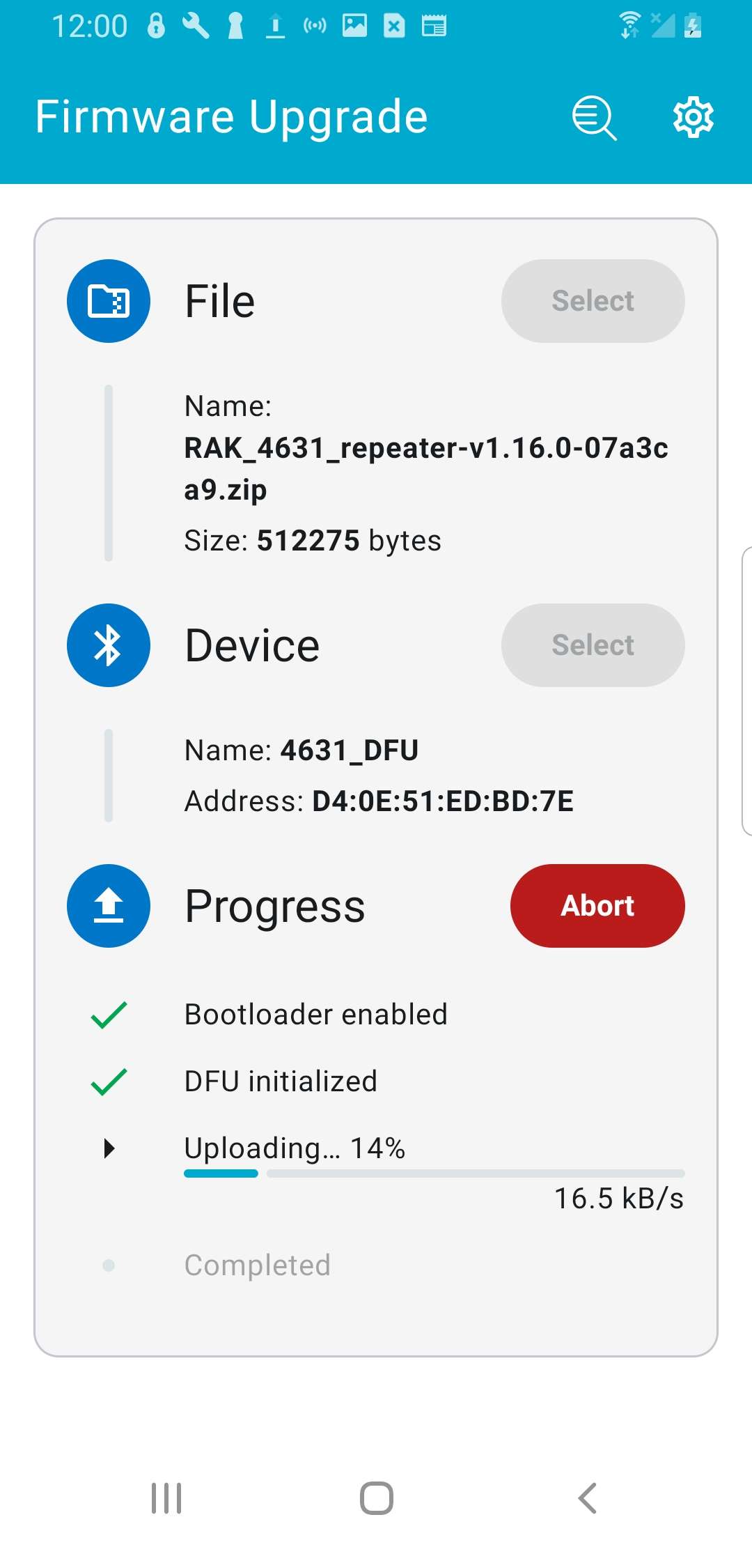 nRF DFU app transferring firmware to the device