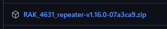 GitHub releases page showing the RAK4631 repeater firmware .zip asset