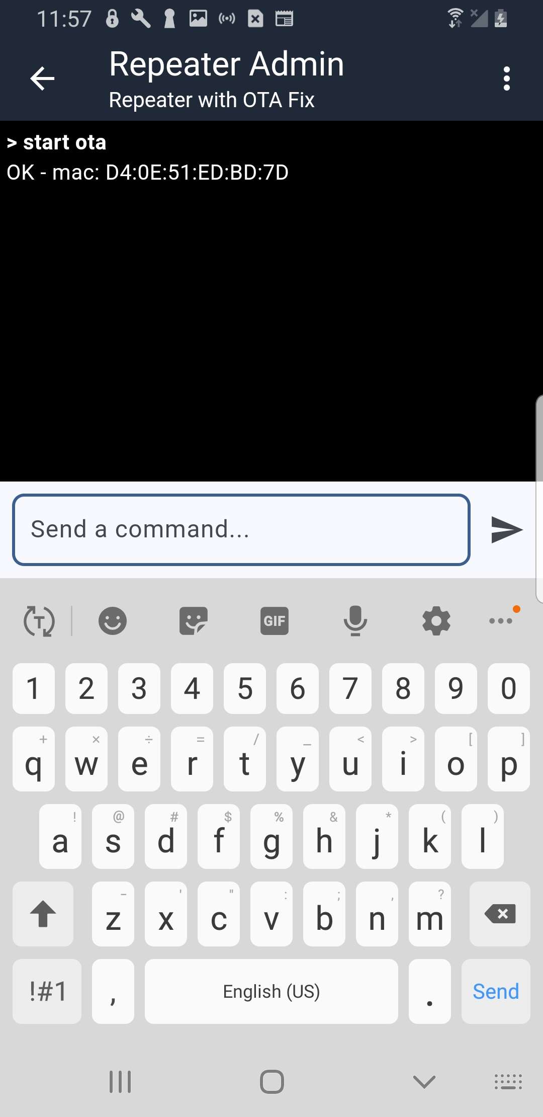 MeshCore app Command Line with start ota entered