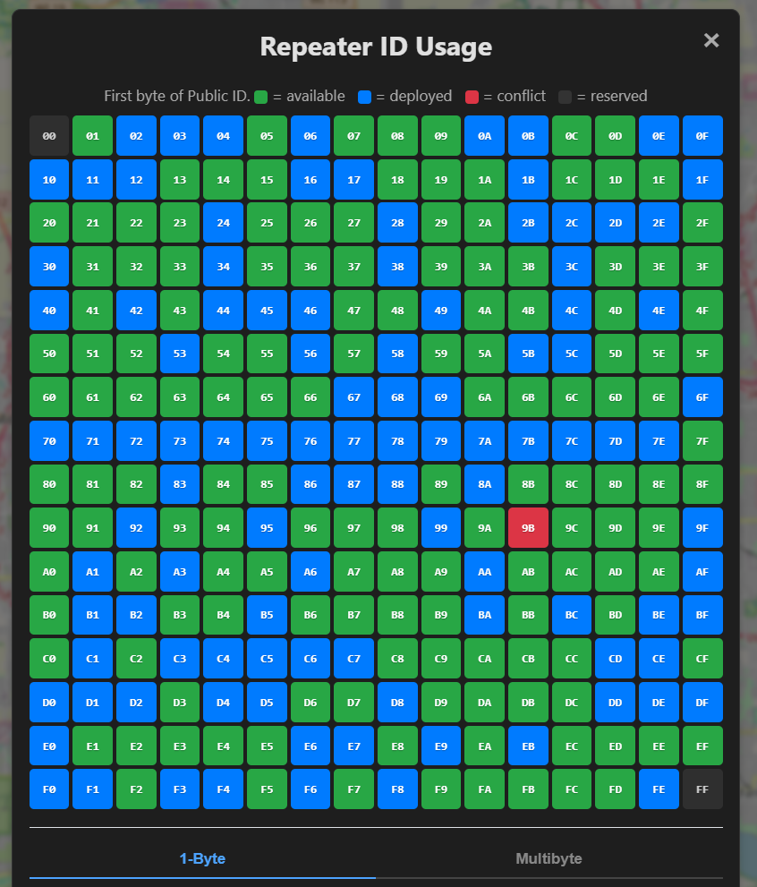MeshMapper Repeater ID Usage grid — the first byte of every Public ID, color-coded green/blue/red/gray